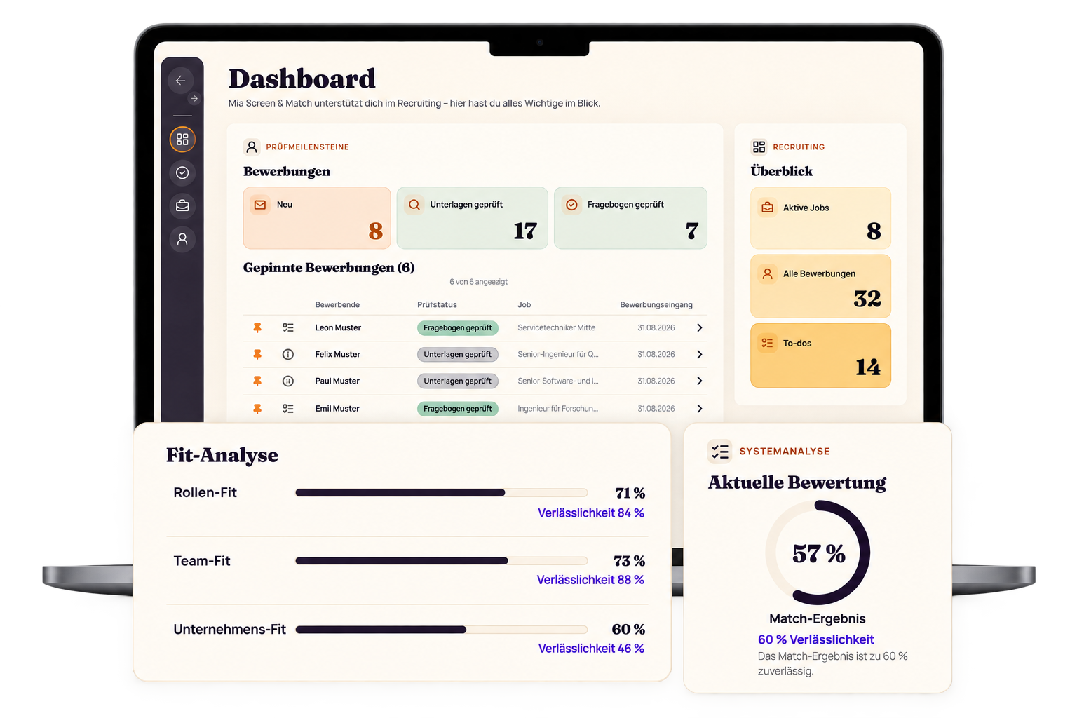 Mac mit Recruiting-Dashboard, Fit-Analyse und aktueller Bewertung