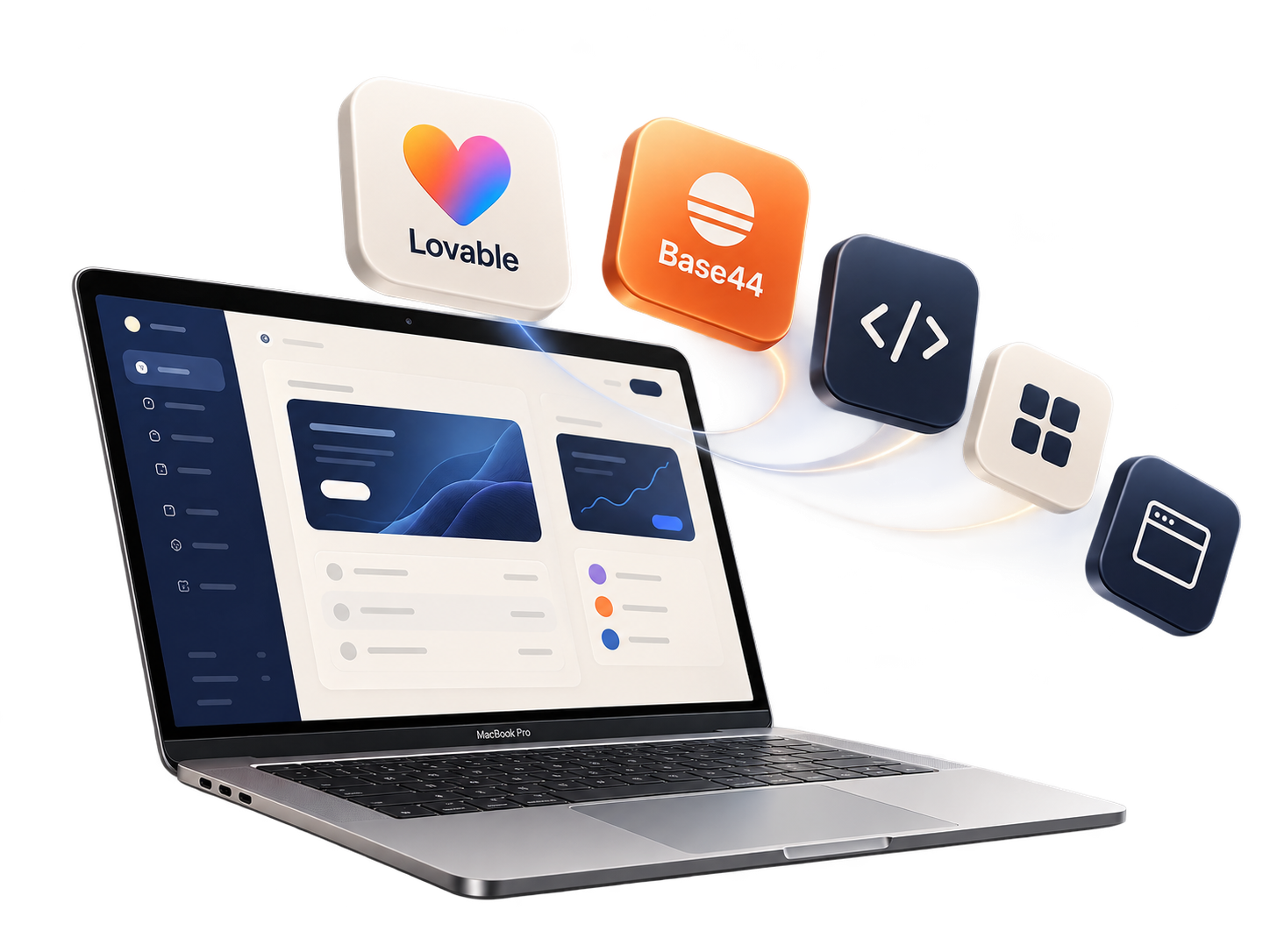MacBook mit herausfliegenden App-Kacheln für Lovable, Base44 und Softwareentwicklung